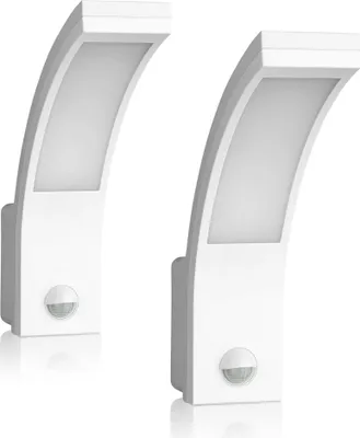 Two white LED outdoor lights with motion sensors are shown against a white background.