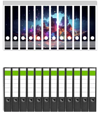 Produktbild von Wallario 12 Stück schmale Ordner inkl. Klebeetiketten mit Motive Leuchtende Pixelstadt -  Set mit Rückenschildern / Ordnerrücken Stickern