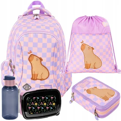 Produktbild von Schulrucksack Karomuster mit CAPYBARA St.Right - 5-Teiliges Set. Jugendlicher Rucksack