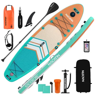 Produktbild von NACATIN Aufblasbares SUP Board 10'6" mit Zubehör, Rucksack, 10L wasserdichter Tasche, Handyhülle & Schultergurt, Hellorange