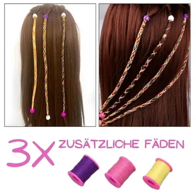 Collage showing braided hair threads in brown hair, with three spools of purple, pink, and yellow thread