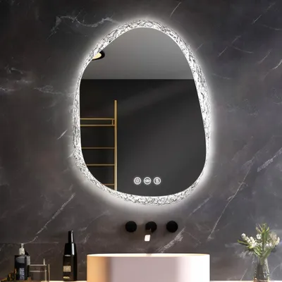 Obrázek produktu pro WISFOR Asymetrické LED zrcadlo do koupelny, 50x70 cm, nástěnné zrcadlo s osvětlením, stmívatelné, 3 barvy světla