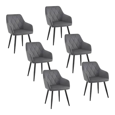 A set of six grey dining chairs arranged on a white background.