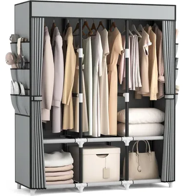 Produktbild von Stoffkleiderschrank mit 3 Kleiderstangen, faltbar, 132x44x170 cm, Grau