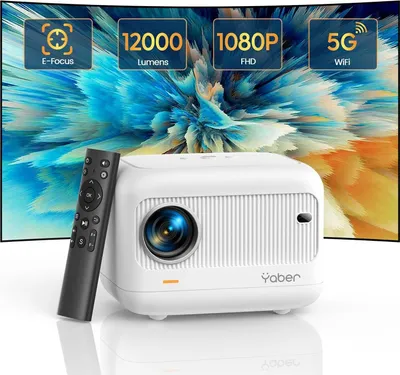 A white projector and its remote control are displayed in front of a colorful, abstract background, with feature callouts at the top.