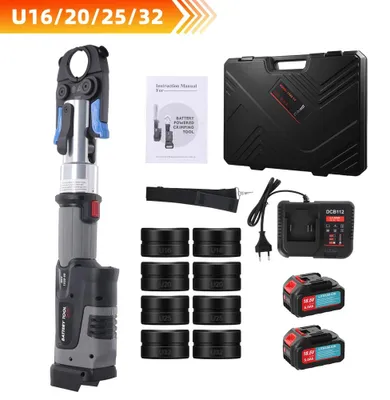 Obrázek produktu pro Elektrické nástroje pro ohýbání trubek – ohýbačka trubek U16/20/25/32 mm – 5 lisovacích čelistí – akumulátorové (2x 5 Ah) – pro měděné a nerezové trubky – včetně kufru a nabíječky