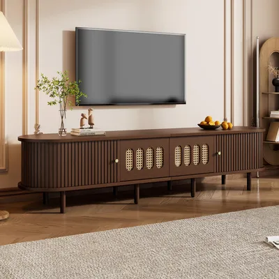Produktbild von Merax TV-Schrank mit Rattan-Design, TV-Ständer mit 2 Rollladentüren und 2 Schubladen, TV Lowboard mit 5 geschlossene Aufbewahrungszonen, Walnuss