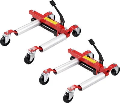 Two red car dollies are shown against a white background.