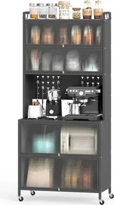 Produktbild von KOMFOTTEU Küchenschrank mit 5/6 Ebenen, Sideboard mit 4 Haken & 10 Dübeln, Buffetschrank mit Arbeitsplatte & Schränken, Küchenbuffet mit 4 Universalrollen (80 x 40 x 178 cm, Grau)