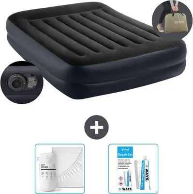 Productafbeelding van Luchtbed - Tweepersoonsbed - 152 x 203 x 42 cm - Blauw - Met pomp - Beddengoed en reparatieset