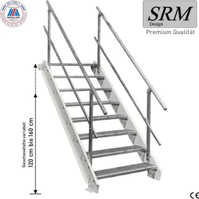 Produktbild von 8 Stufen Stahltreppe Weiß Breite 120 cm Geschosshöhe 120 - 160 cm 2x Geländer