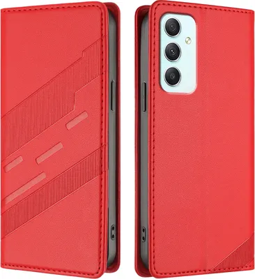 A red phone case is shown from two angles, open and closed.