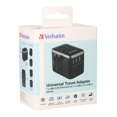 Obrázok produktu pre VERBATIM 49546 Nabíjací adaptér Universal Travel - UTA-04, prípojky USB typu A/C a napájacia zástrčka, čierny