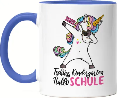 Produktbild von Tschüss Kindergarten Hallo Schule 2022 Tasse Blau Einschulungsgeschenk Einhorn Unicorn Fans