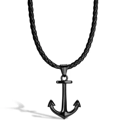 Obrázok produktu pre SERASAR | Kožený Náhrdelník pre Mužov [Anchor] z Stainless Steel | Farba: Čierna | Dĺžka: 60cm