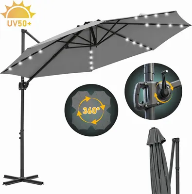 Produktbild von Faziango Sonnenschirm Ampelschirm 3x3 m Grau mit Solar LED, 360° drehbar & 0–60° neigbar, UV50+ wasserabweisend, Kurbel, Garten Terrasse Balkon