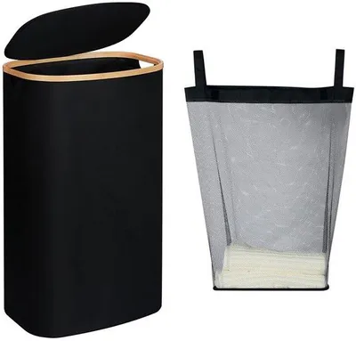 Produktbild von Schlanke 110L Wäschebox mit Deckel und Bambusgriff, schwarz