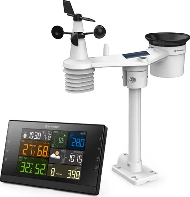 A weather station with a sensor unit and a display unit shown against a white background.