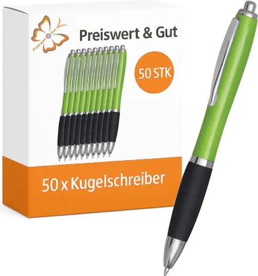 Produktbild von 50x Kugelschreiber Set 14cm blauschreibend mit Großraummine Druckmechanik Grün