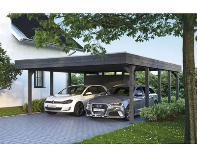 Produktbild von Doppelcarport SKAN HOLZ Friesland Set 4 inkl. Aluminium-Dachplatten, Geräteraum, H-Pfostenanker 557 x 708 cm grau