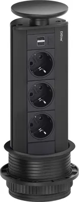 Produktbild von Evoline Port Steckdosenleiste 3xSchuko 2xUSB-Charger - versenkbar schwarz - Einbau 102mm - 230 V - Wippdeckel - 312mm Höhe