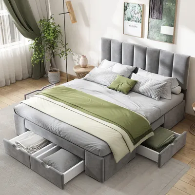 Produktbild von okwish Polsterbett 140 x 200 cm Doppelbett mit Lattenrost, mit Rückenlehne, 4 Schubladen auf Rädern, Heimbett, Samt (Grau)