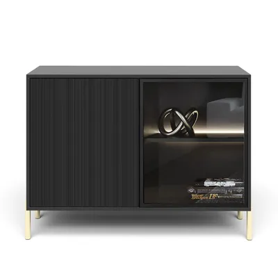 Produktbild von AX LIVING Schwarze Sideboard Benvie 104 cm – Glas & Lamellenfront