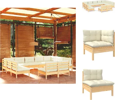 Produktbild von vidaXL 11-tlg. Garten-Lounge-Set mit Creme Kissen Massivholz Kiefer -  Gartenmöbel-Sets