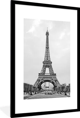Produktbild von MuchoWow® Gerahmtes Poster Schwarz-Weiß-Foto des Eiffelturms 60x90 cm - Poster mit Schwarzem Bilderrahmen Wandposter Rahmen Foto Bilder - Dekoration - Wandposter Wohnzimmer - Hochwertig