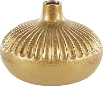 BELIANI Moderne Dekovase aus Steinzeug in Gold 27 cm Rund Gerippt Glamour Stil Flurdeko Wohnzimmer Schlafzimmer Wohnaccessoires Tischdekoration