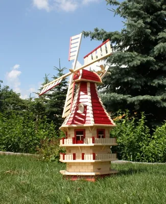 Produktbild von 1,50 m XXL Windmühle mit Solar, Windmühlen für den Garten aus Holz rot Typ 13.1