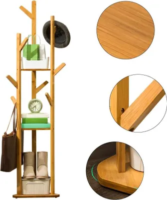 Immagine prodotto di Appendiabiti in bambù - Appendiabiti indipendente - 9 ganci - 3 livelli - Regolabile in altezza da 1,4 a 1,65 m - Gancio 2,5 kg, livello 7,5 kg - Bianco