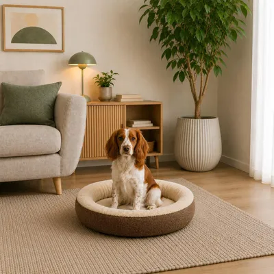 Produktbild von belviona Hundebett rund, Hundekorb in Doughnut-Form, abnehmbarer Bezug, waschbar & rutschfest, 65 cm Durchmesser, braun, KI-generiertes Bild