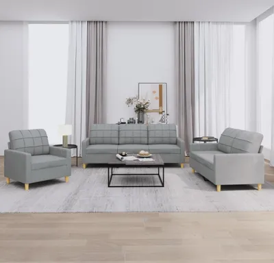 Produktbild von 3-teilige Sofagarnitur, Wohnzimmer-Sofa-Set mit Sessel, 2-Sitzer und 3-Sitzer, Hellgrau Stoff (100 % Polyester), inkl. 6 Kissen