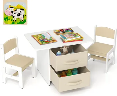 Produktbild von DREAMADE Kindertisch mit 2 Stühlen, Kindersitzgruppe mit Stauraum, 3tlg Aktivitäts-Tisch-Stuhl-Set, Kindermöbel-Set aus Holz zum Essen & zeichnen & lesen (Beige)