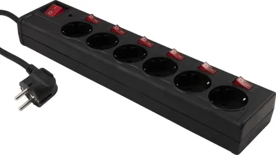 A black power strip with six outlets and individual red switches, along with its plug, is shown against a white background.