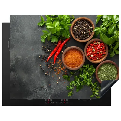 Obrázok produktu pre KitchenYeah® Kryt varnej dosky bylinky - paprika - betónový vzhľad, 77x59cm, kuchynská dekorácia, keramický kryt varnej dosky, krycia doska na varnú dosku