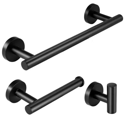 Immagine prodotto di Omgoods - Set di accessori per il bagno - Set da 3 pezzi - Porta asciugamani / Porta carta igienica / Gancio - Acciaio inossidabile - Nero opaco - Resistente e moderno - Accessori per il bagno