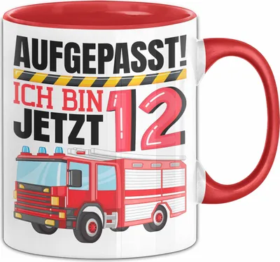 Produktbild von 12. Geburtstag Geschenk Tasse Becher Jungs Feuerwehr Aufgepasst Ich Bin Jetzt 12 (Rot)