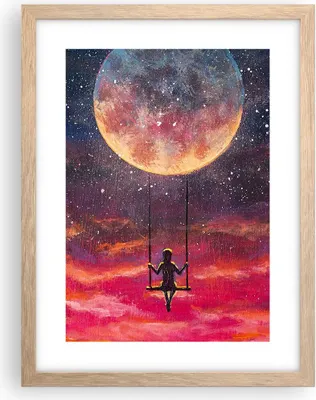 Produktbild von Gerahmtes Poster - Rahmen in heller Eiche - Mond Schaukel Frau - 30x40 cm - Wand Bild - Wanddeko - Wandbilder - Kunstposter - Wandposter - Bilderrahmen - Bilder - Kunstdruck - P2NPA30x40-5095