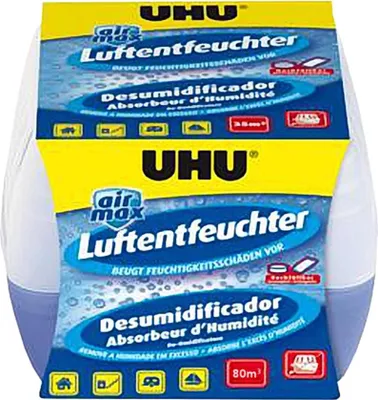 A product package for UHU air max Luftentfeuchter (dehumidifier).