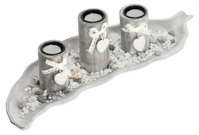 Obrázek produktu pro Relaxdays Sada svícnů na čajové svíčky s podnosem a kamínky, 50,5 cm, dekorace na stůl do obývacího pokoje, jídelny, venkovský styl, béžová/bílá