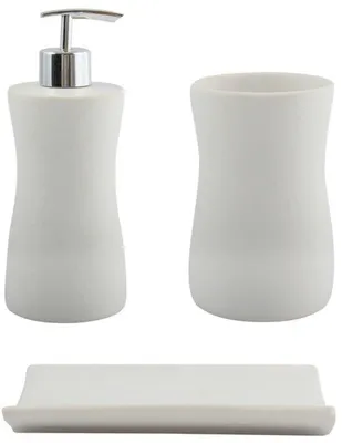 Obrázok produktu pre Sada keramických doplnkov do kúpeľne Ibenzoa® – 3-dielna: dávkovač mydla 7 x 6 x 15 cm, miska na mydlo 11 x 8 x 3 cm, pohárik na zubnú kefku Ø 7,5 x 9,5 cm, biela, keramika a plast