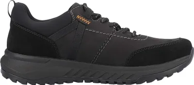 A side view of a black men's shoe.