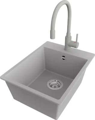 Produktbild von PRIMAGRAN Granitspüle Grau 38x50cm, Spülbecken 1 Becken + Küchenarmatur 38x14cm + Ablauf-Set, Küchenspüle ab 40er Unterschrank - Riga