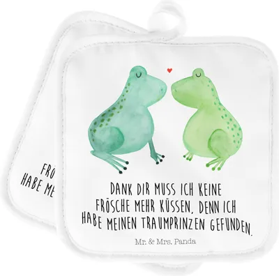 Produktbild von Mr. & Mrs. Panda Topflappen Frosch Liebe - Weiß - Geschenk, topfhalter, Ofenlappen, Topflappenset, Hochzeitstag, Frösche, Freundin, Topfuntersetzer, Set