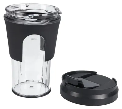 A clear studio shot of a travel mug and its lid, presented separately on a white background.