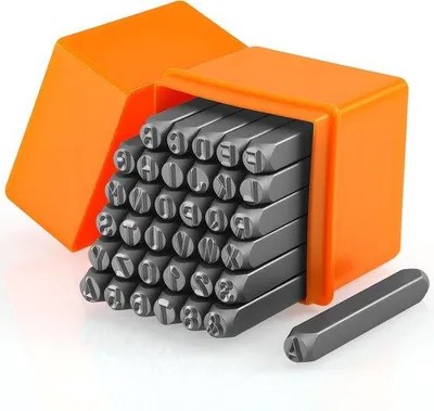Imagen del producto de Juego de sellos de 36 piezas para letras y números, un juego de sellos robusto de 6 mm, sellos de metal para letras (de la A a la Z, del 0 al 9 y símbolos), sellos de metal para estampar en metal, plástico, madera y cuero.