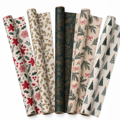 Obrázok produktu pre Benza – Darčekový papier na Vianoce, vyrobený z recyklovaného papiera – 5 rolí, každá o rozmeroch 70 x 200 cm – Christmas Valley – 5 vianočných motívov – Celkovo 10 metrov, Obrázok generovaný UI