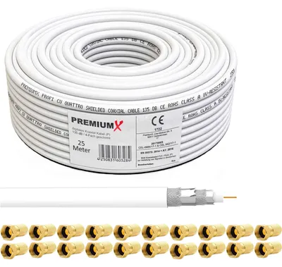 Produktbild von 25 Meter PremiumX DELUXE Koaxial Kabel 135dB 4-Fach Innenleiter 1,02mm REINES Kupfer SAT Antennenkabel 20x F-Stecker